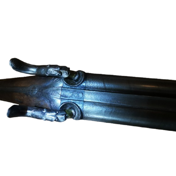 Fusil de chasse juxtaposé à piston, calibre 20, chiens extérieurs sculptés avec des têtes de chiens.