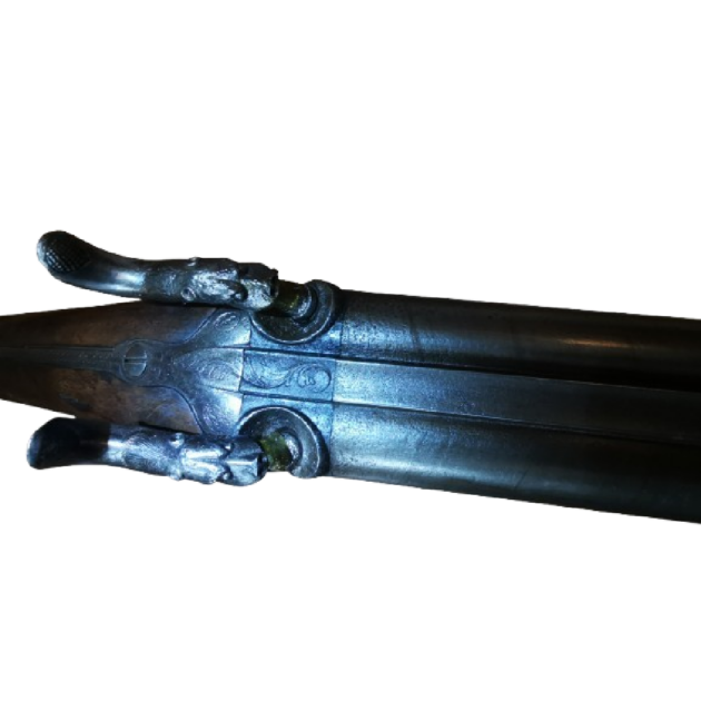 Fusil de chasse juxtaposé à piston, calibre 20, chiens extérieurs sculptés avec des têtes de chiens.